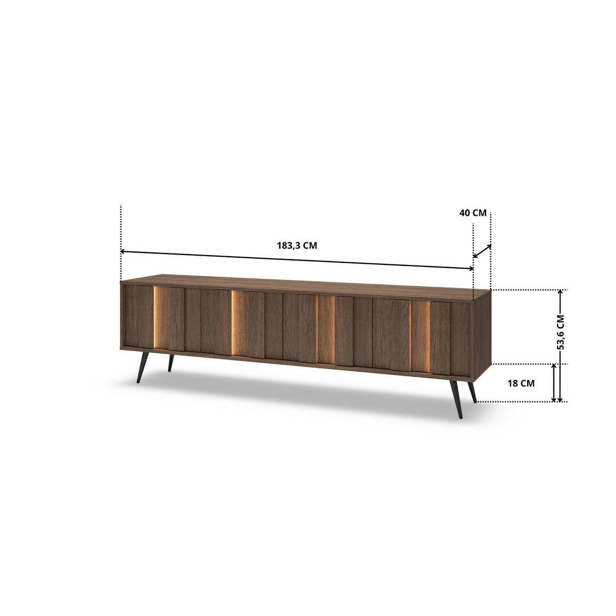 TV-LOWBOARD LUPO 183 cm Eiche Dunin - mit 4 Türen, LED und Metallfüßen - Eichefarben/Schwarz, Holz/Holzwerkstoff (183/54/40cm) - Ravio