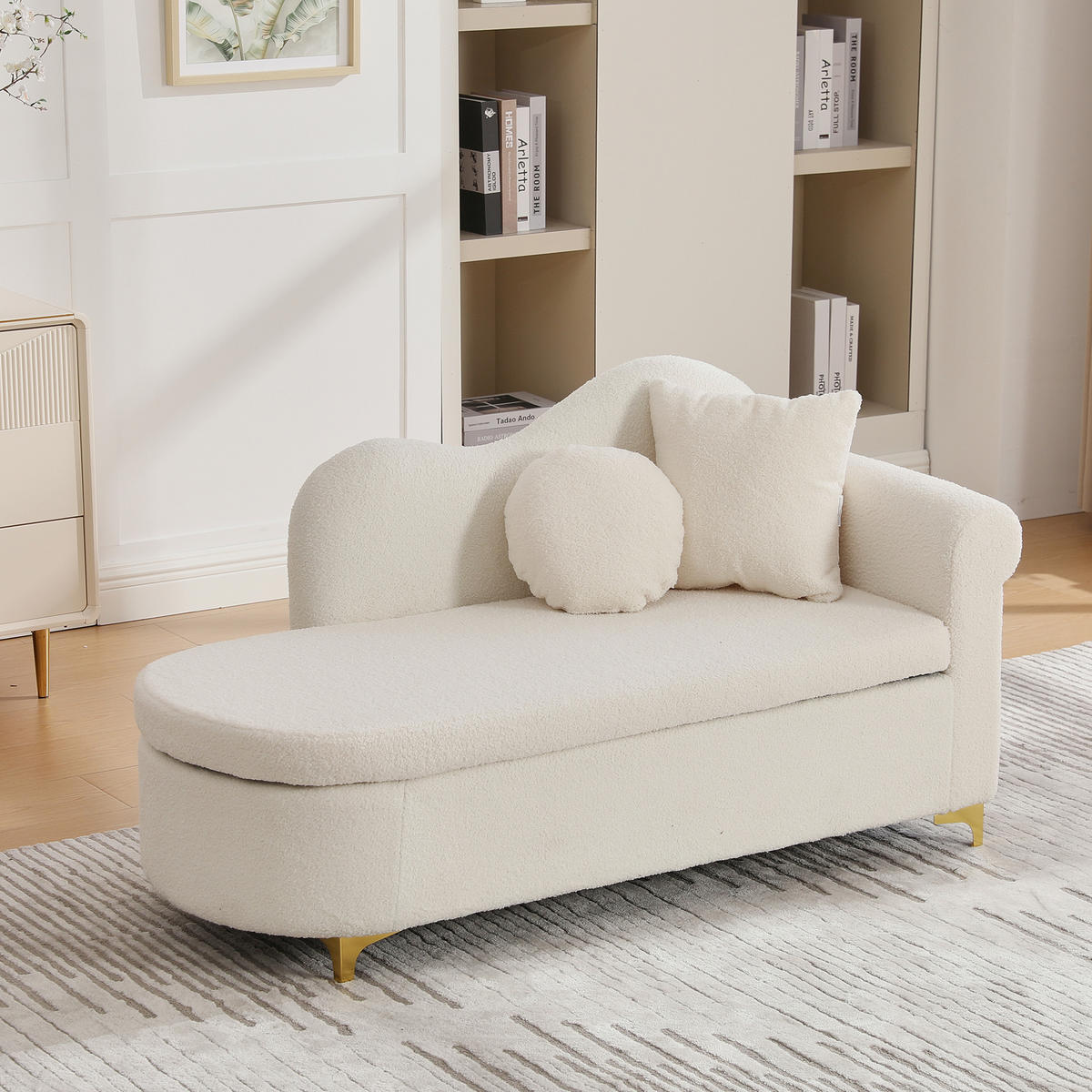 RÉCAMIERE Stoff Beige & Weiß mit Stauraum und mit Kissen - Beige, Holzwerkstoff/Textil (134/70/64cm) - WISHDOR