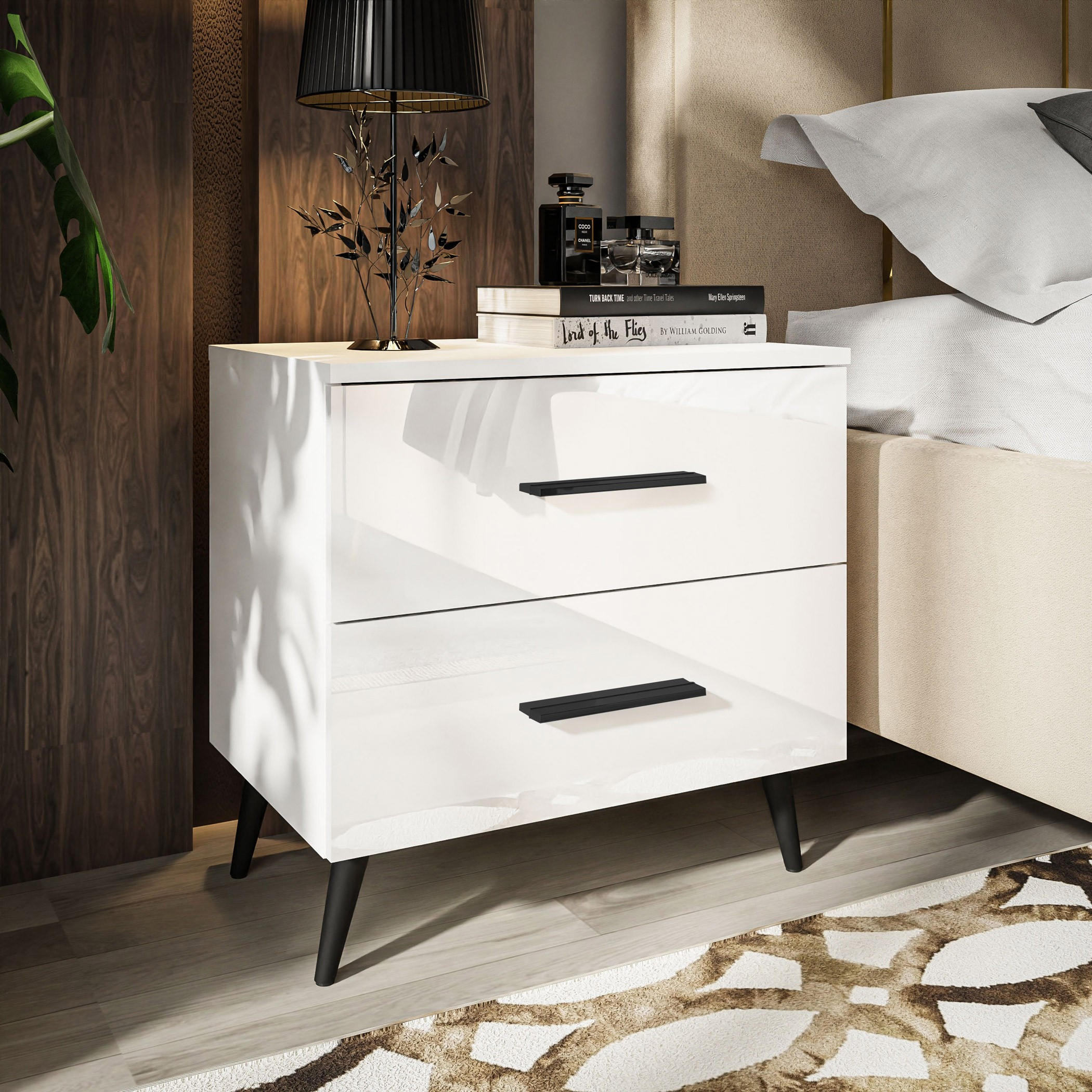 NACHTTISCH AURA mit Griffen, schwarzen Beinen - Weiß, Holzwerkstoff (55/54/37cm) - Lookway