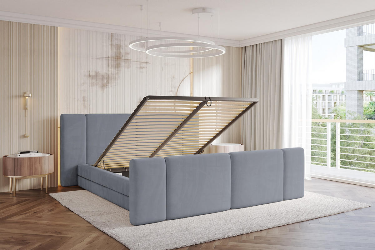 POLSTERBETT mit Bettkasten, Fußteil und Lattenrost, Bett mit Matratze H3/H4 - TEVO-Z 140x200 Grau - Grau, Holzwerkstoff/Textil (140/200cm) - ALTDECOR