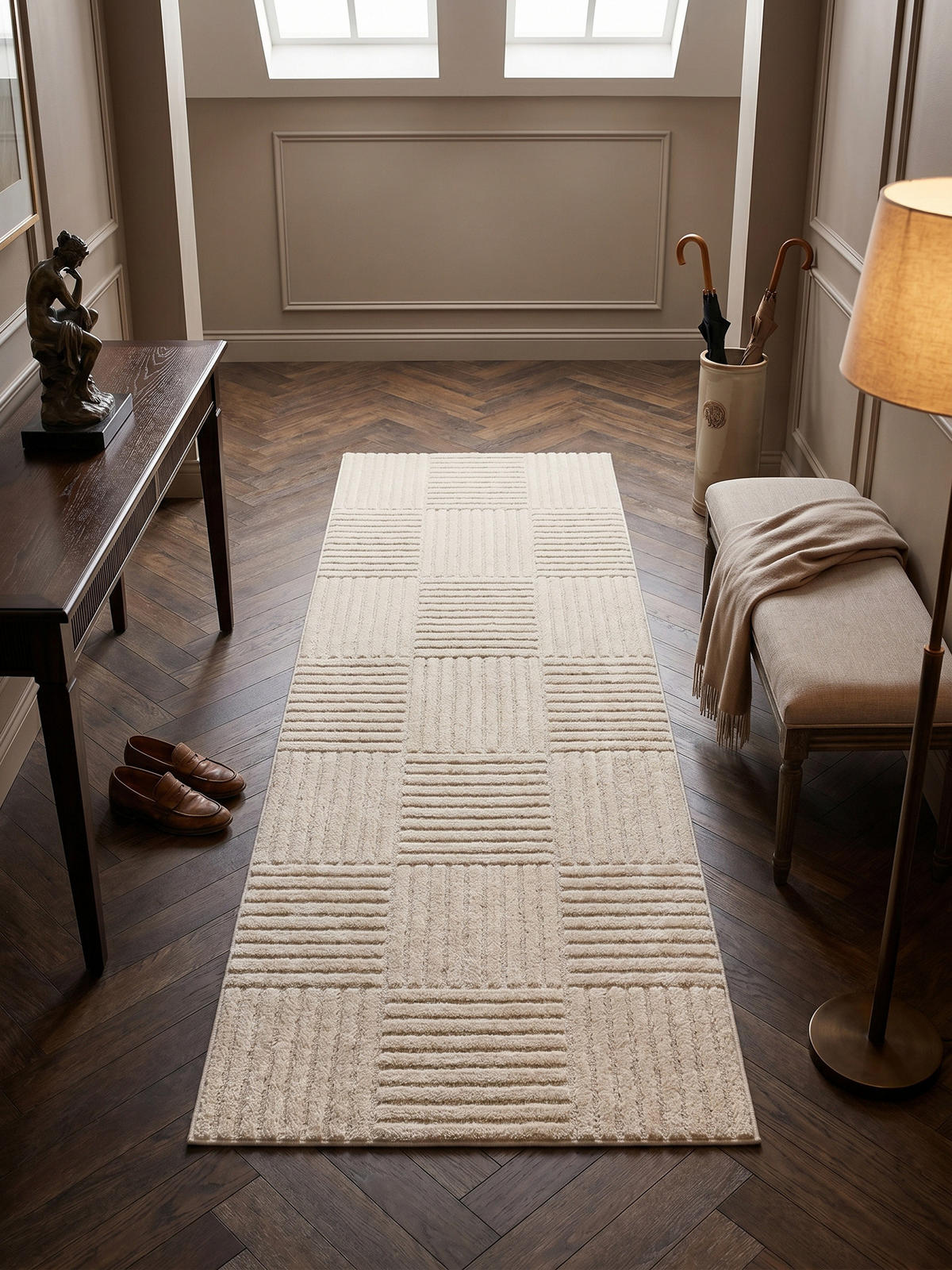 TEPPICH Hochflor RIGI in Creme, mit Cord-Streifen-Patchwork, 80 x 250 cm - Beige, Textil (80/250cm) - KADIMA DESIGN