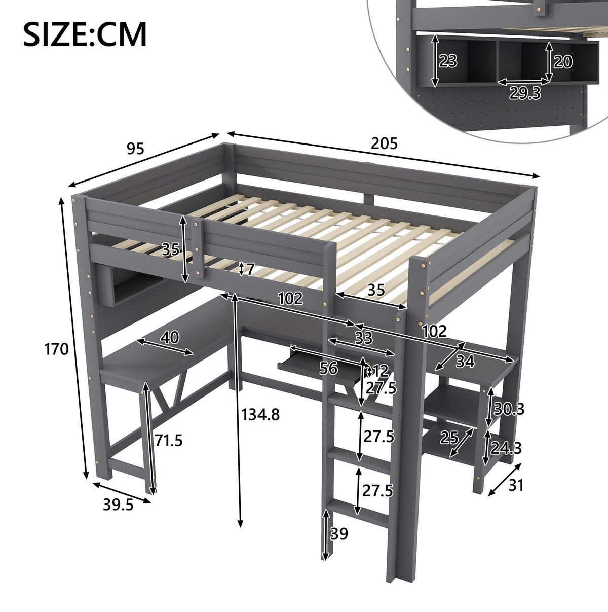 HOCHBETT aus Kiefer und MDF 90x200 cm Grau mit Schreibtisch, LED-Beleuchtung, Stauraum und Ladestation - Grau, Holzwerkstoff (90/200cm) - Modfu