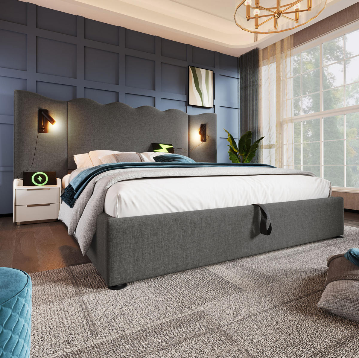 BETT mit Stauraum, Leselampe und Matratze 160x200 cm Leinen Grey - Grau, Metall (160/200cm) - Meubliv