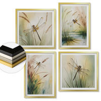 WANDBILDER 4er Set - 50x50 cm & 40x60 cm Goldrahmen - Libellen im Gras, Wassermalerei - Goldfarben, Kunststoff (50/50cm) - ArtPrintCave