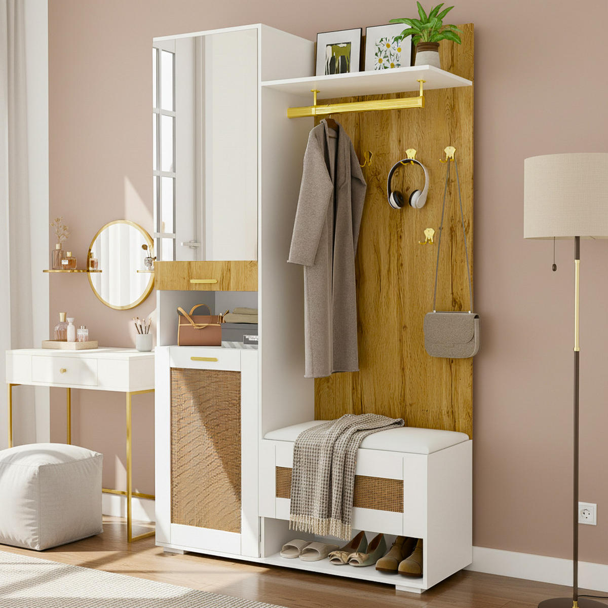 GARDEROBEN-SET 110 cm in Weiß/Holz mit Spiegel Rattan-Optik - Naturfarben, Holzwerkstoff (110/190/38cm) - Urban Meuble