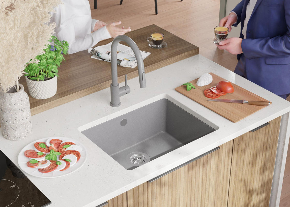 UNTERBAUSPÜLE GRANIT Venedig Easy, 2-er set Grau 56/44 cm 1 Becken + Ablauf-Set ab 60er Unterschrank - Chromfarben/Grau, Kunststoff (56/20/44cm) - Primagran