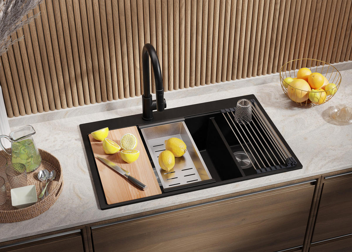 GRANITSPÜLE Oslo Duo, 2-er set Schwarz 78/50 cm 2 Becken + Küchenarmatur 40/20 cm + Ablauf-Set + Schneidebrett ab 80er Unterschrank - Chromfarben/Beige, Kunststoff (78/20/50cm) - Primagran