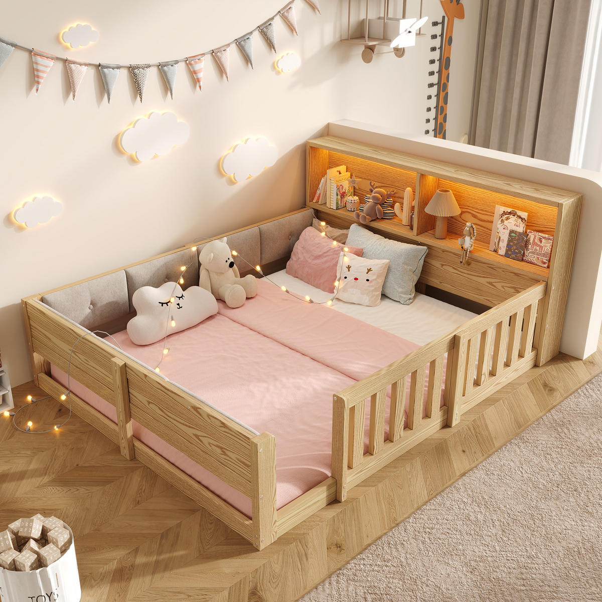 NÍZKÁ POSTEL 140x200cm Dětská Mřížka LED Přírodní - přírodní, kompozitní dřevo (140/200cm) - FLIEKS