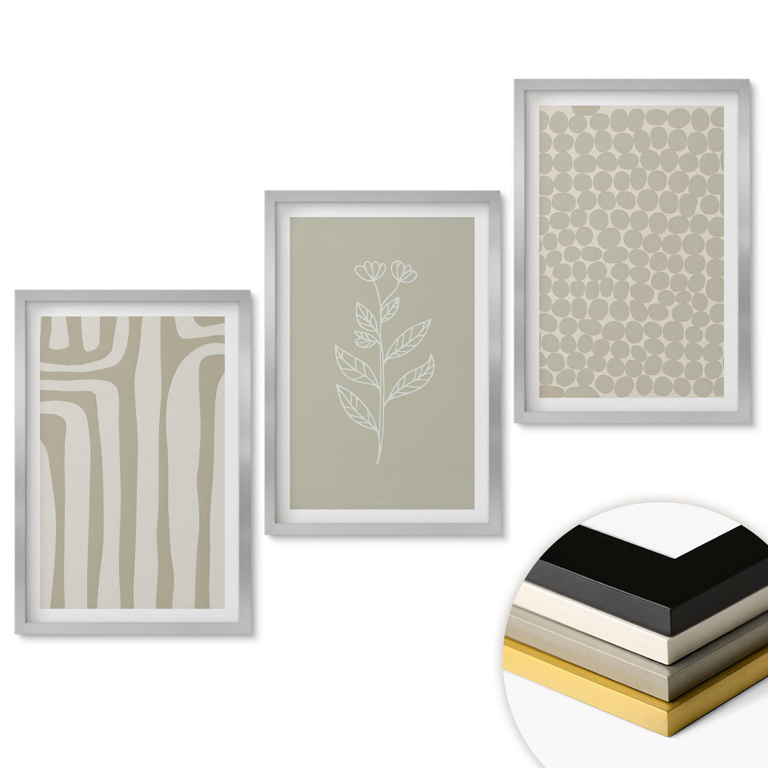 WANDBILDER 3er Set - 40x60 cm Silberner Rahmen - Geometrische Pflanzenmuster - Silberfarben, Kunststoff (40/60cm) - ArtPrintCave