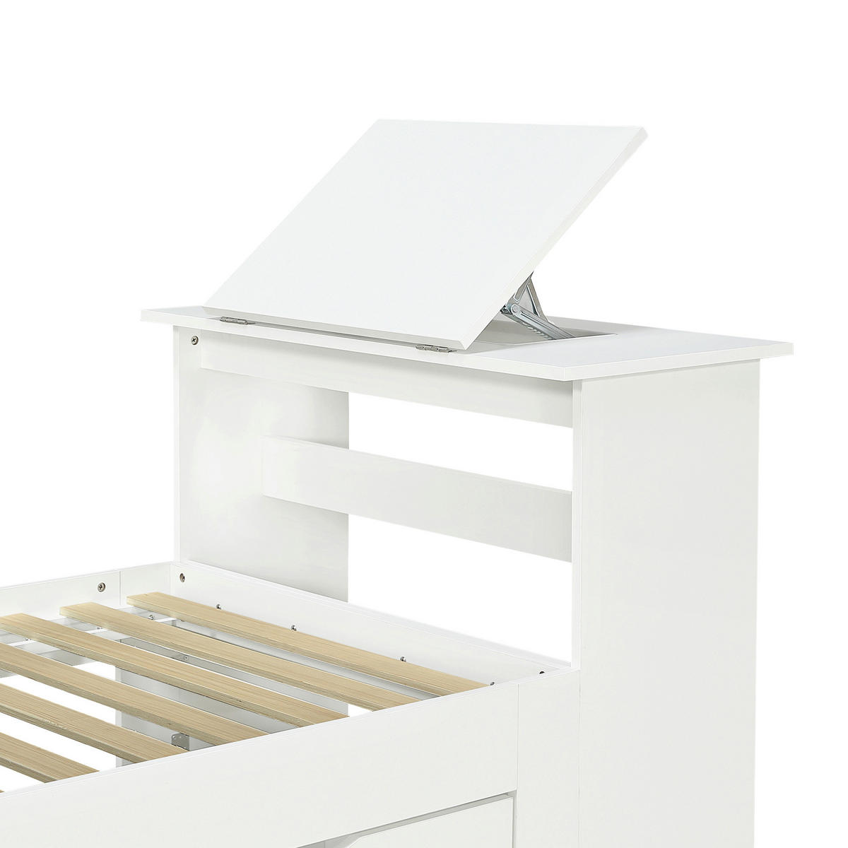 JUGENDBETT 90/200 cm in Weiß mit Stauraum, Kopfteilregal und Klapptisch aus Holz - Weiß, Holzwerkstoff - STILVORA