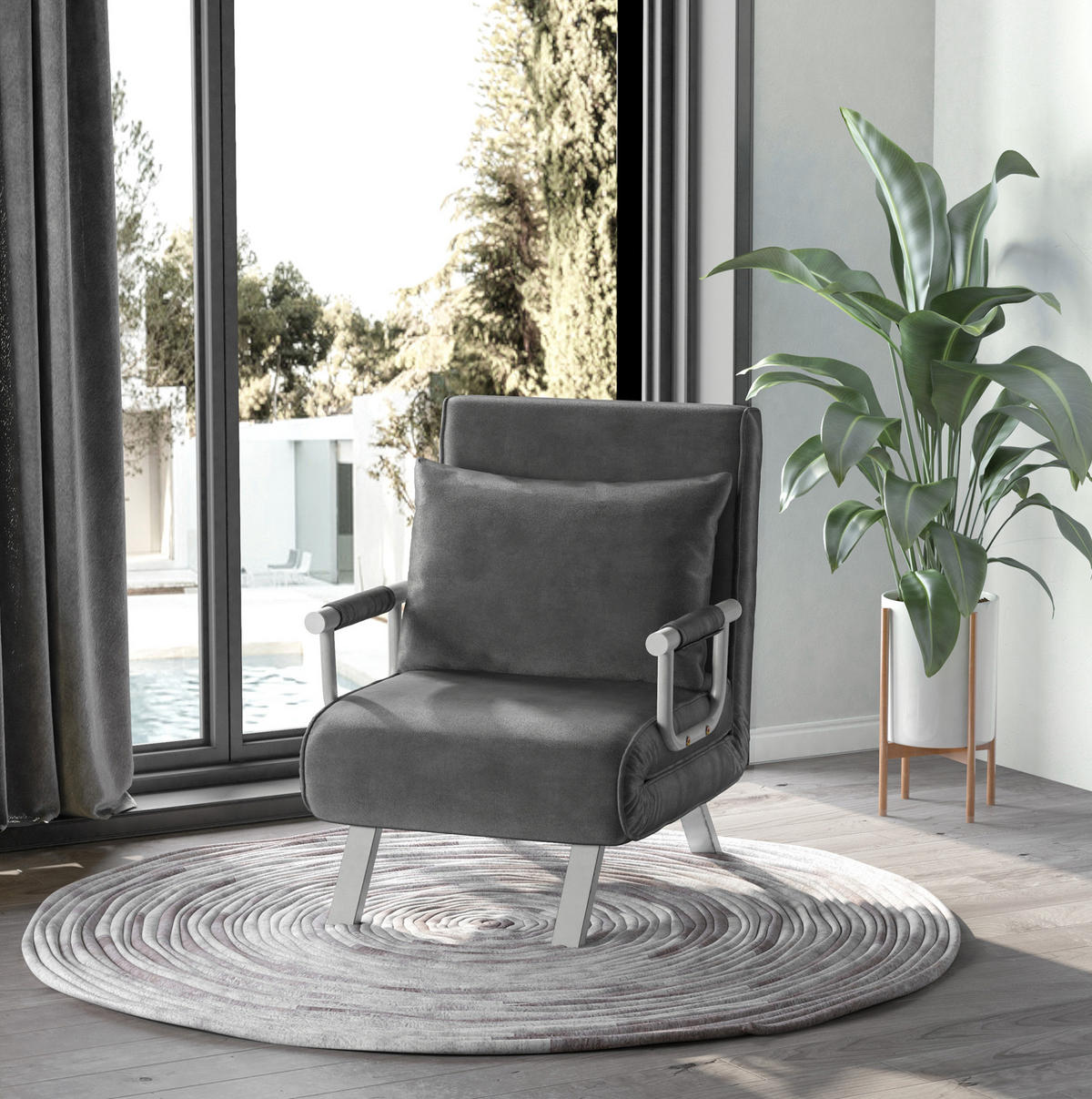 SCHLAFSESSEL 69/65/80 cm mit Liegefläche 60/185,5 cm, klappbar & platzsparend - Grau, Textil (65/80/69cm) - BEAOK