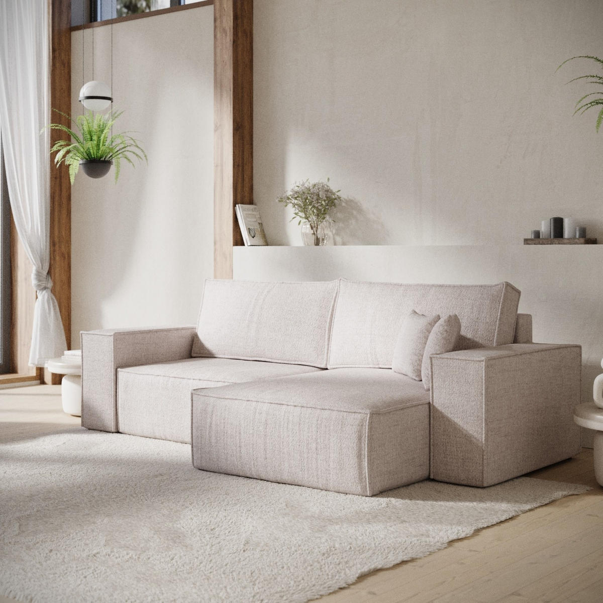 ECKSOFA CAVO mit Schlaffunktion Hellbeige im Neve Stoff - Sandfarben/Schwarz, Holz/Holzwerkstoff (255/148cm) - AltaBeds