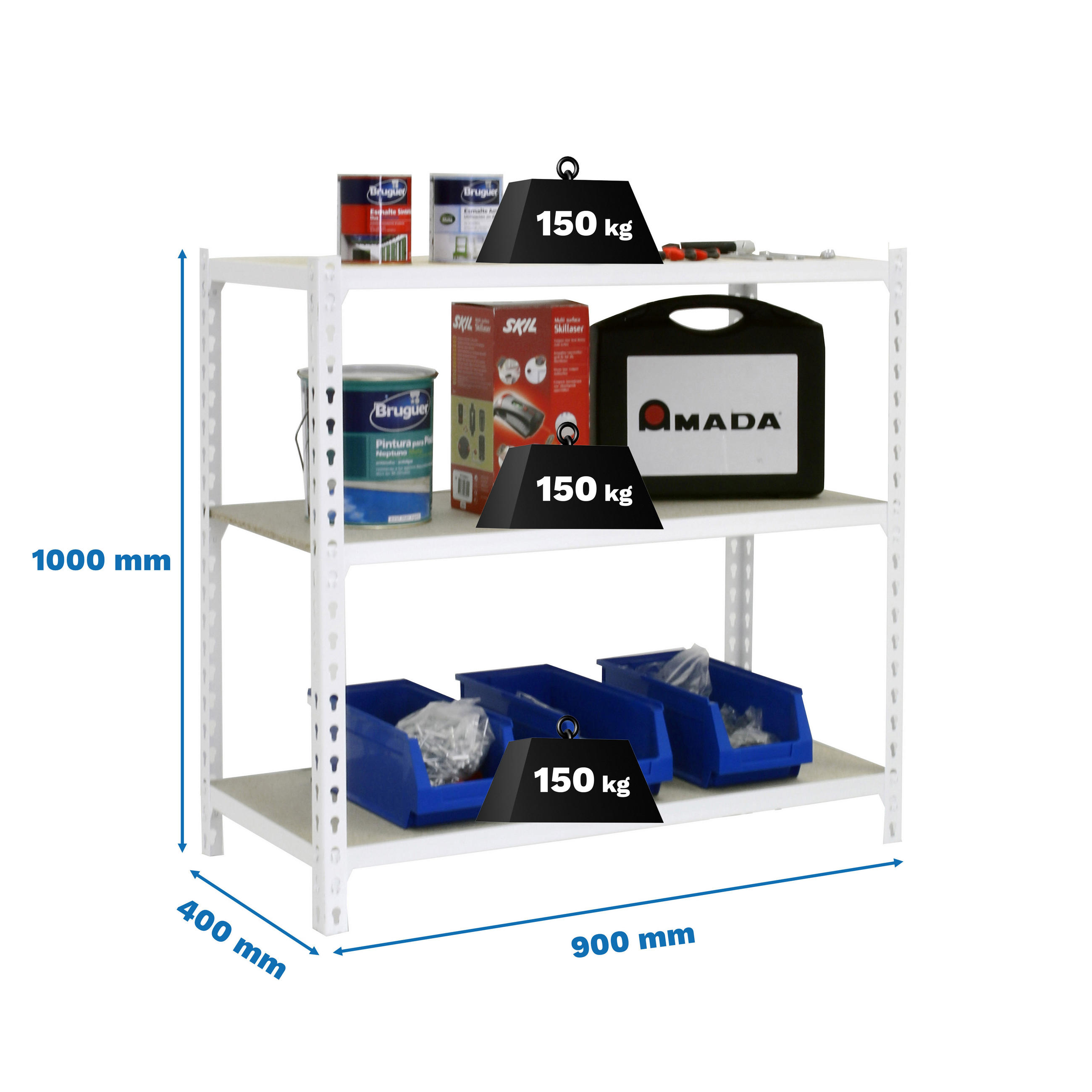 SCHWERLASTREGAL Small Muli HxBxT 100 x 90 x 40 cm 3 Fachböden Fachlast 150 kg Weiß - Weiß, Metall (90/100/40cm) - PROREGAL
