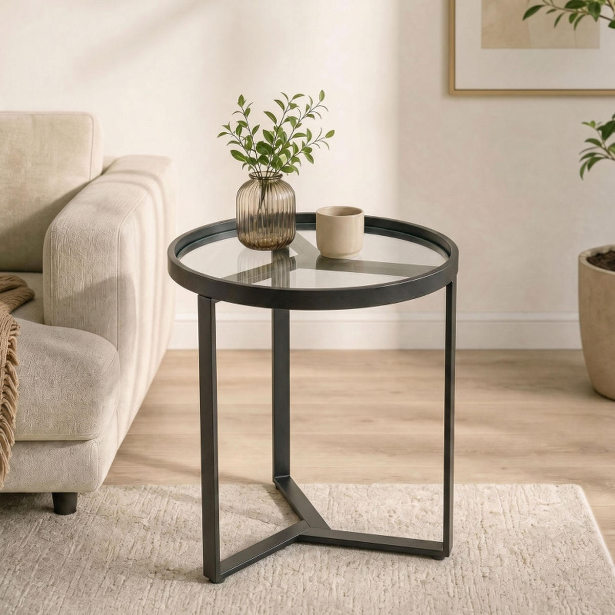 BEISTELLTISCH DE-37208 rund mit Glasplatte Schwarz - Schwarz, Metall (45/45/50cm) - ComfortXL