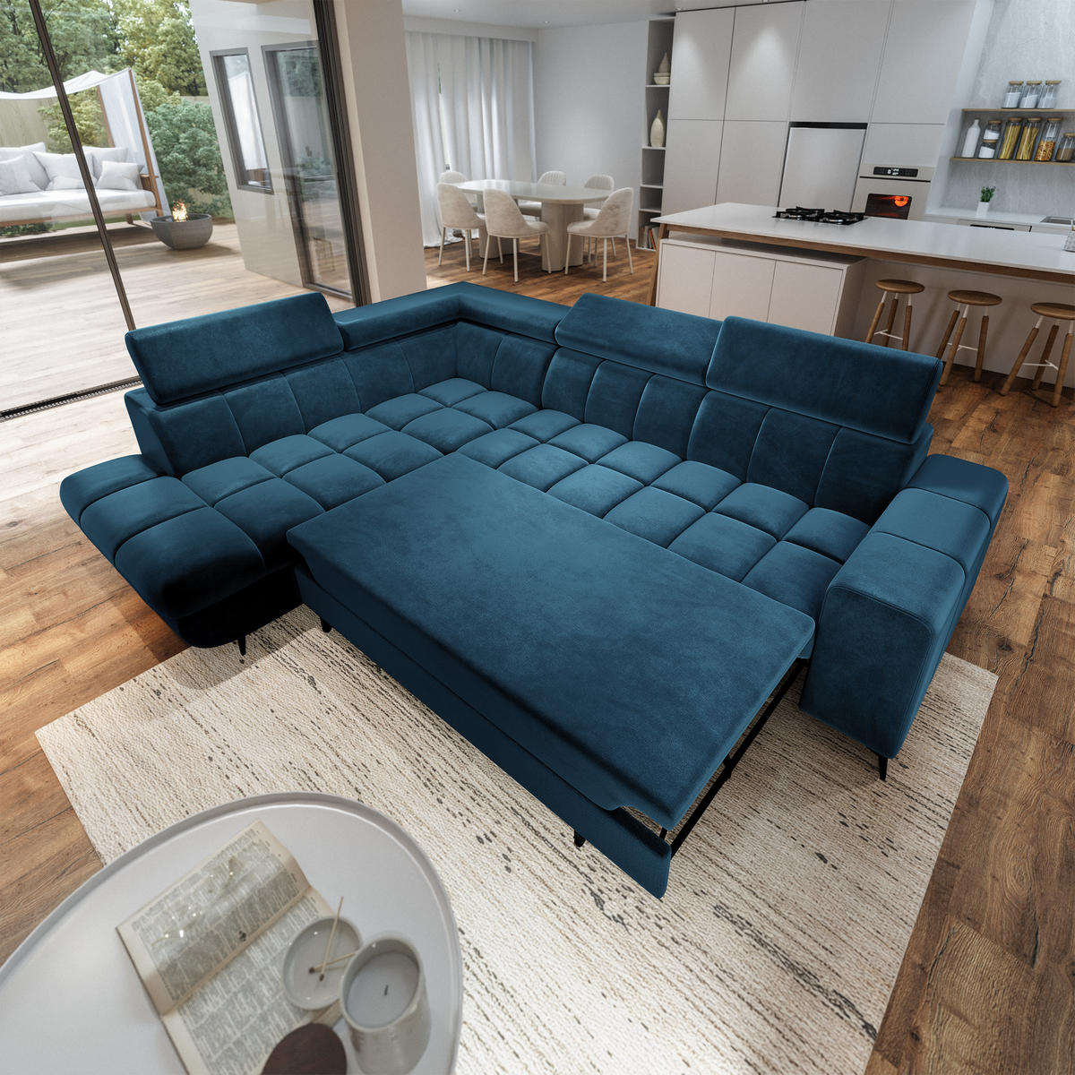 ECKSOFA MORIVA L-S Blau Velours-Stoff mit Schlaffunktion - Blau, Holz (253/190cm) - MASSENO