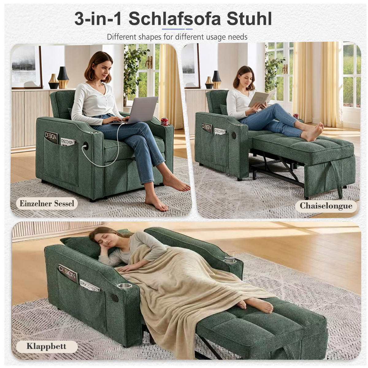 RELAXSESSEL 190/85/86 cm Grün mit USB-/Typ-C-Anschluss und Seitentasche - Grün, Textil (190/86/85cm) - Oxeza
