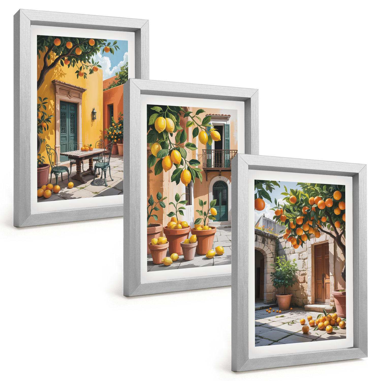 BILDER SET 3er Set - 20x30 cm Silberner Rahmen - Zitrusfrüchte im Garten - Silberfarben, Kunststoff (20/30cm) - TULUP