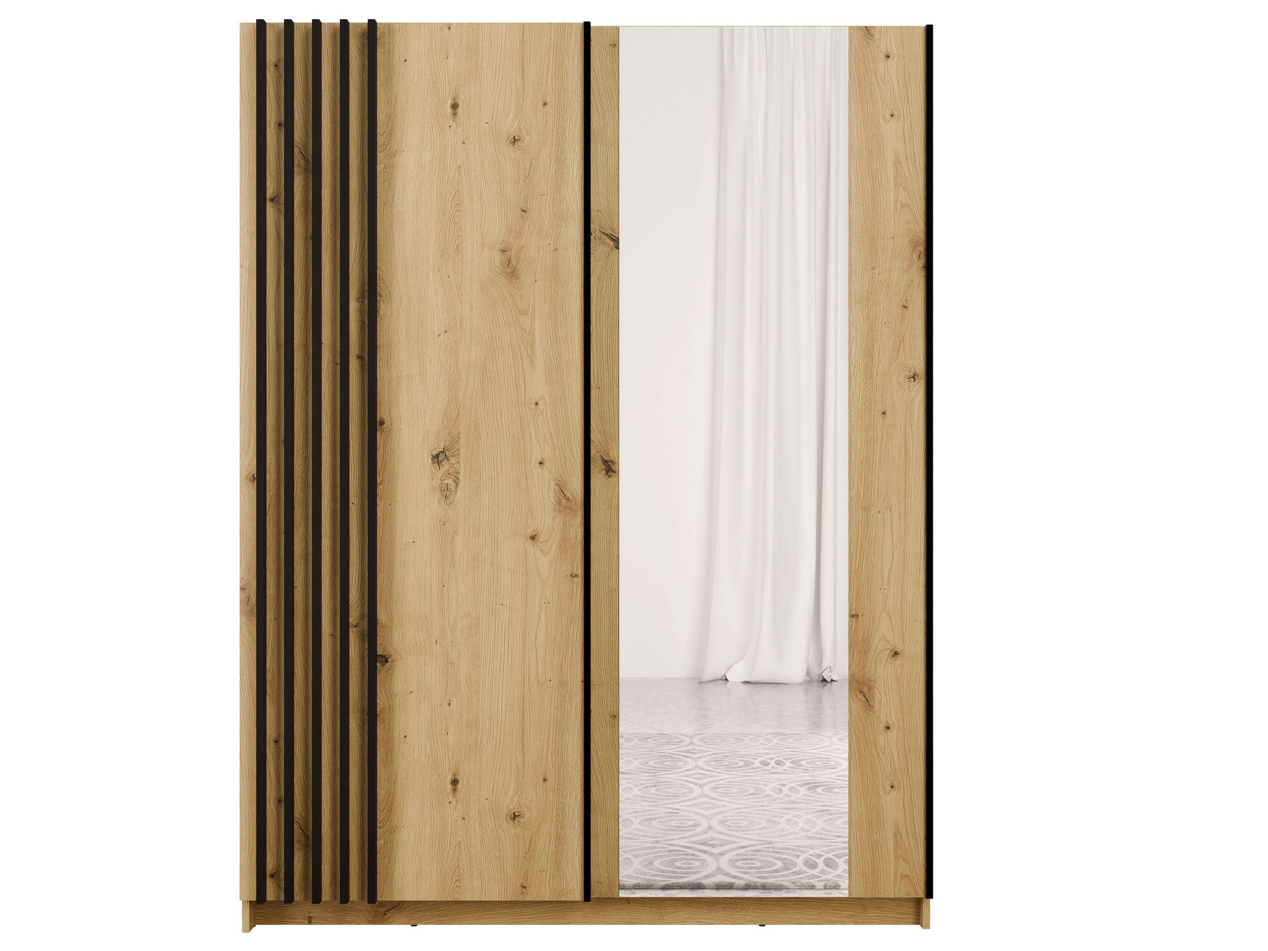 SCHWEBETÜRENSCHRANK RANOR 150,6/198,5/62cm 2-türig mit Spiegel Eiche Artisan - Schwarz/Eiche Artisan, Holzwerkstoff (150.6/198.5/62cm) - MASSENO