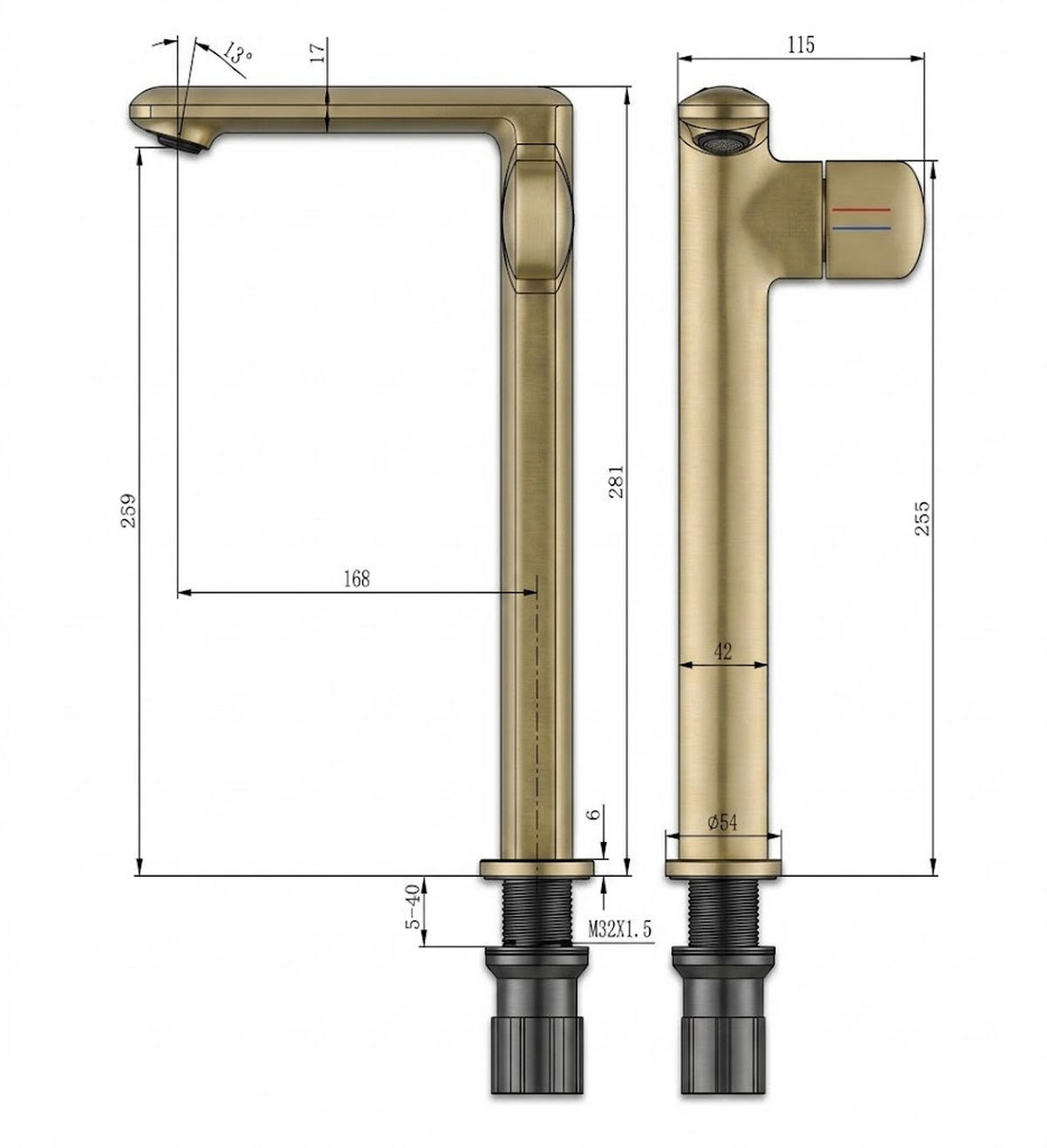 WASCHTISCHARMATUR, 28,1*16,8 cm, Gold - Goldfarben, Metall (55/12/25cm) - Vallsero