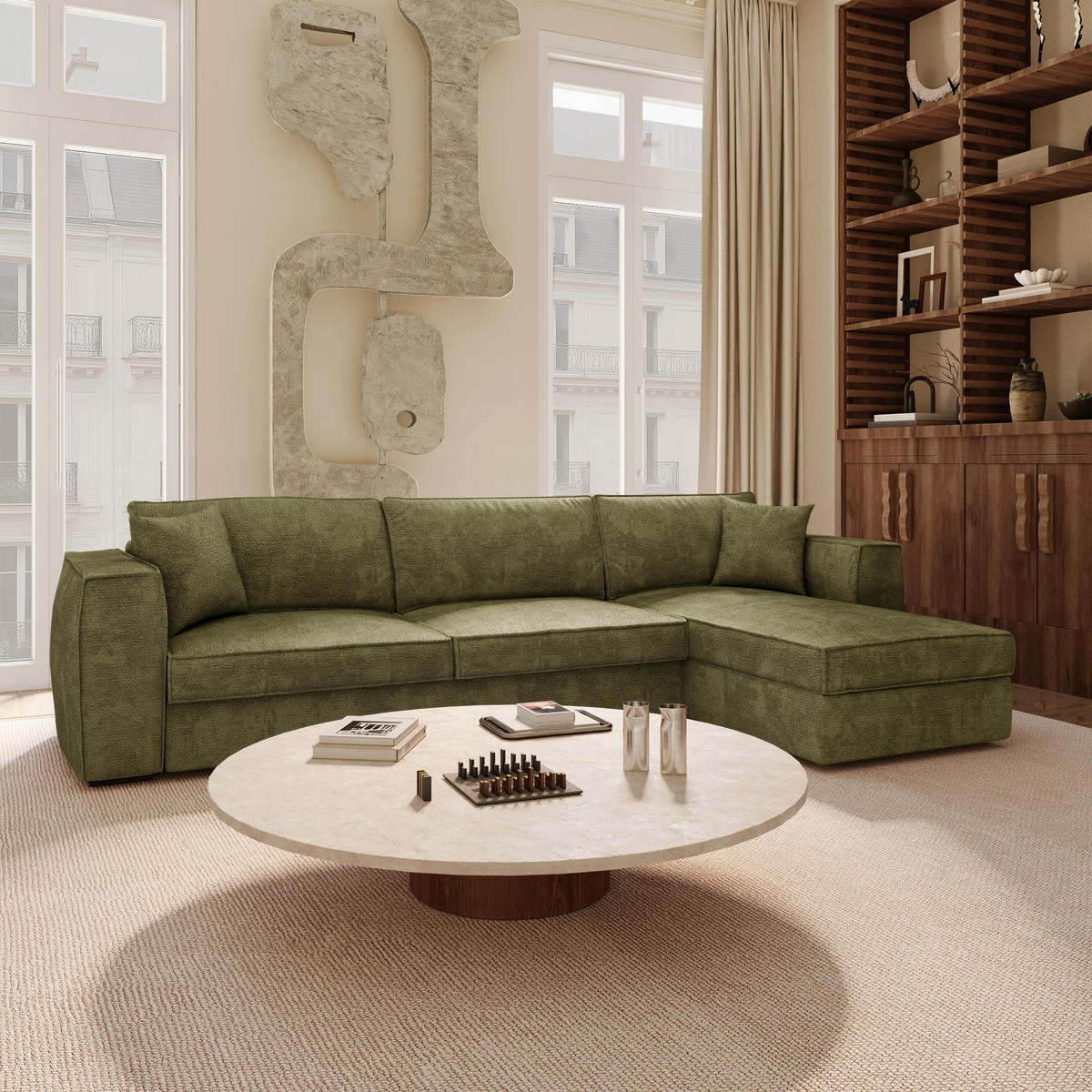 ECKSOFA rechtwinklig MIKA Kettgewebe mit weichem Griff Vintage-Grün 292cm - Dunkelgrün/Grün, Textil (292/100cm) - Premium Interiors
