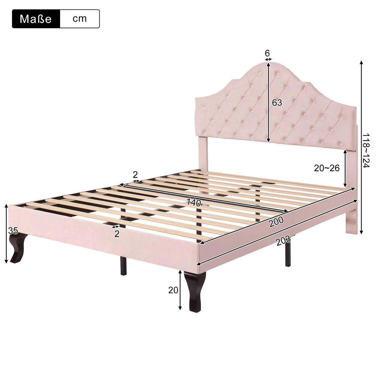 POLSTERBETT aus Samt 140x200 cm in Rosa mit Lattenrost & verstellbarem Kopfteil - Rosa, Textil (140/200cm) - Modfu