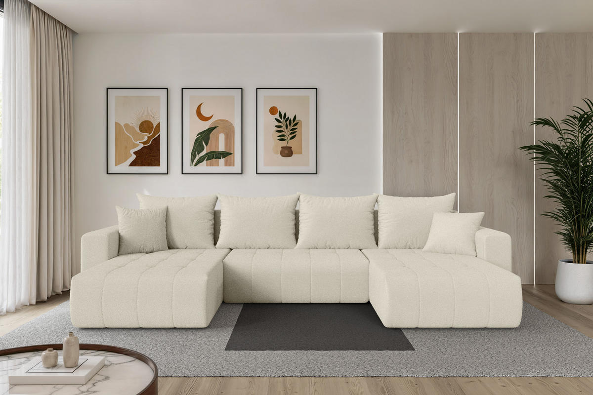 SEDACÍ SOUPRAVA DO U s funkcí spaní a úložným prostorem MILA-U 378x194x86 béžová bouclé - černá/písková barva, kompozitní dřevo/textil (378/86/194cm) - ALTDECOR