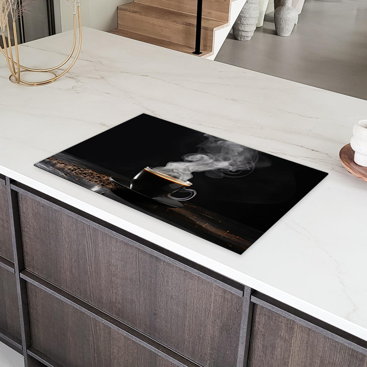 HERDABDECKPLATTE Kaffee - Schwarz - Bohnen - Heiß - Tasse Ceranfeldabdeckung 85x52 cm - Schwarz, Kunststoff (85/52/0.2cm) - MuchoWow