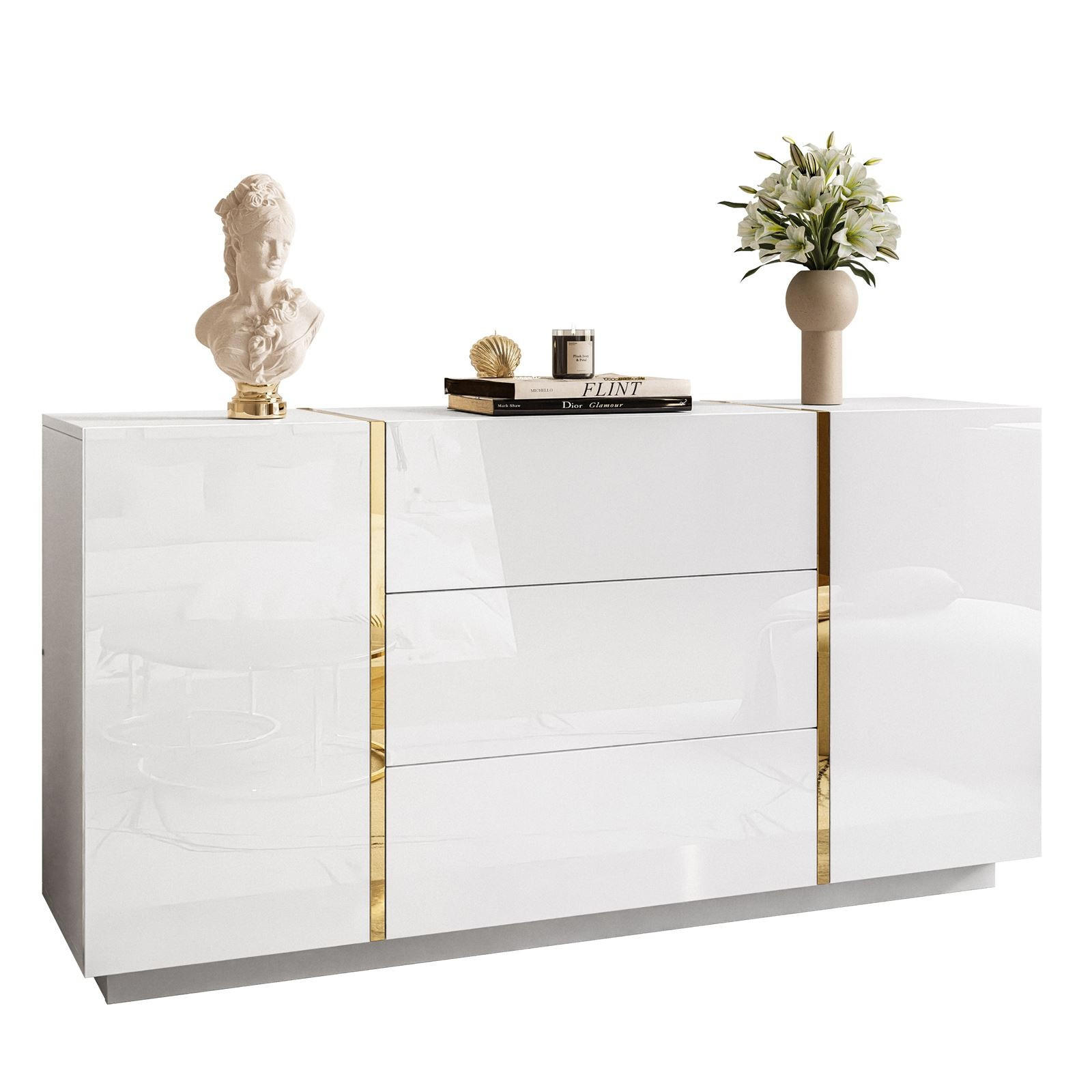 SIDEBOARD MIT SCHUBLADEN ONYX HOCHGLANZ 158 CM PUSH OPEN - Weiß, Holzwerkstoff (158/81/41.3cm) - Lookway