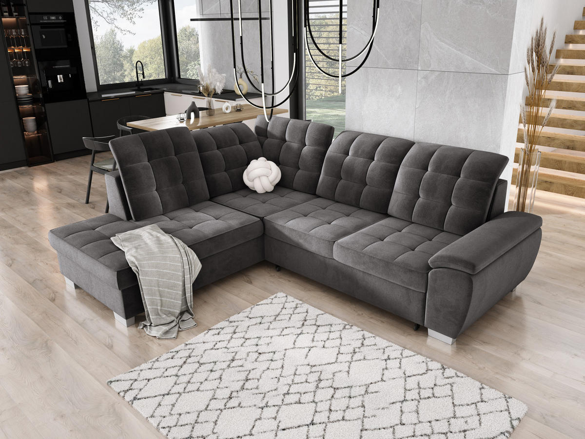 ECKSOFA LOTTA SALVADOR Bettkasten verstellbare Kopfstützen hochwertige Verarbeitung lose Rückenkissen freistehend LINKS 212x258x106 cm Dark grey - Dunkelgrau, Holz/Textil (212/258cm) - DomoHome