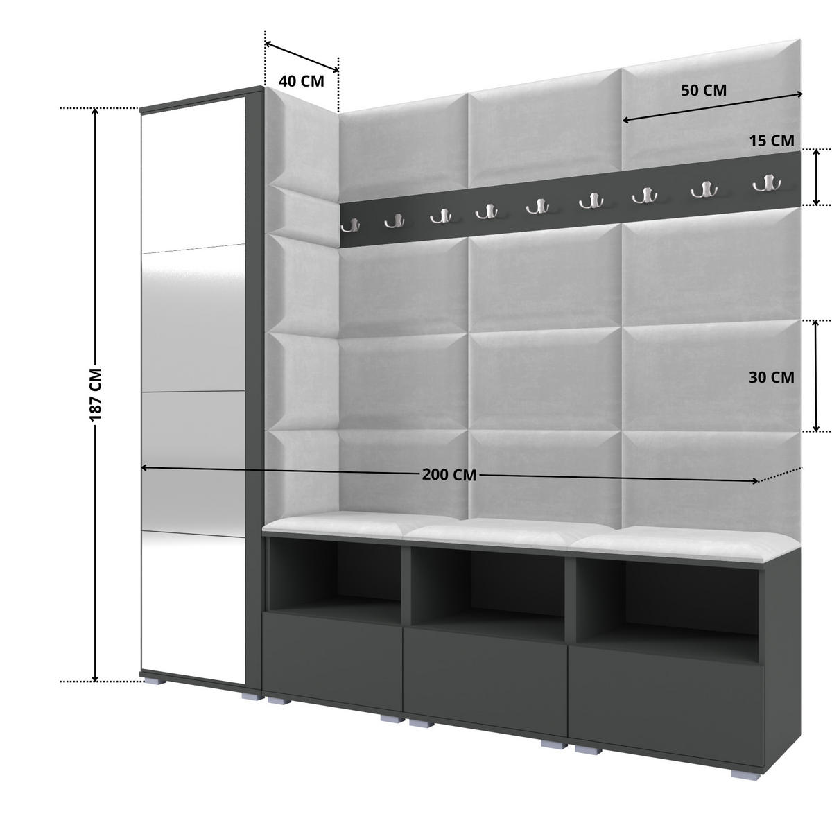 GARDEROBE NELA IX 200 cm (Modulare Flurmöbel Graphit mit Spiegel & Sitzpolster Hellgrau 32 Breite Sitzbank) - Silberfarben/Hellgrau, Holz/Holzwerkstoff (200/187/40cm) - Ravio