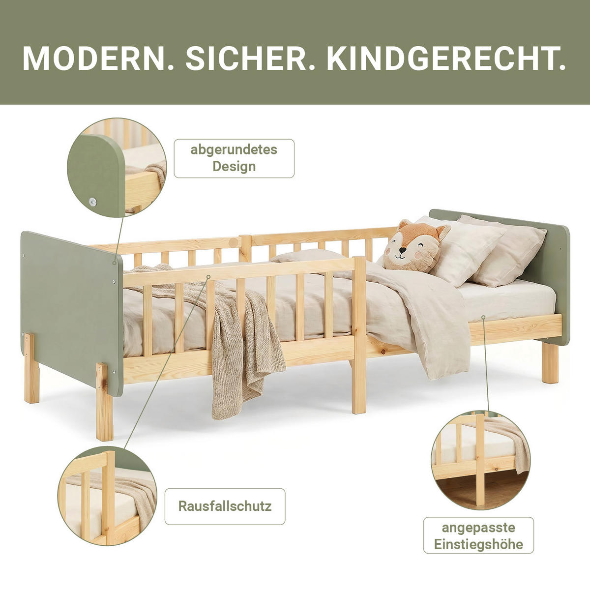 KINDERBETT Grün 90/200 cm Lattenrost Rausfallschutz - Grün, Holz (100/67/208cm) - Homestyle4u