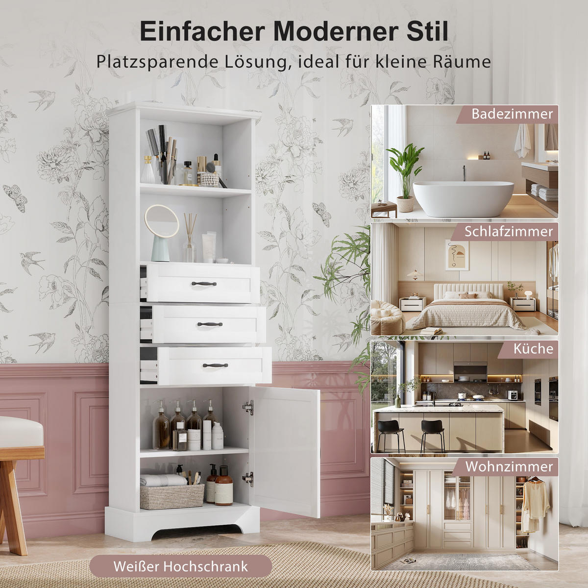 HOCHSCHRANK 56/25.6/167 cm Weiß mit 3 Schubladen, Staufach und offene Regale - Schwarz/Weiß, Holz/Holzwerkstoff (25.6/167/56cm) - Oxeza