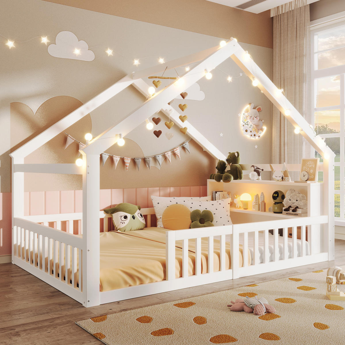 FLACHBETT 140x190cm Weiß Kiefer Kinderbett Gitter Hausleiste - Weiß, Holz (140/190cm) - FLIEKS