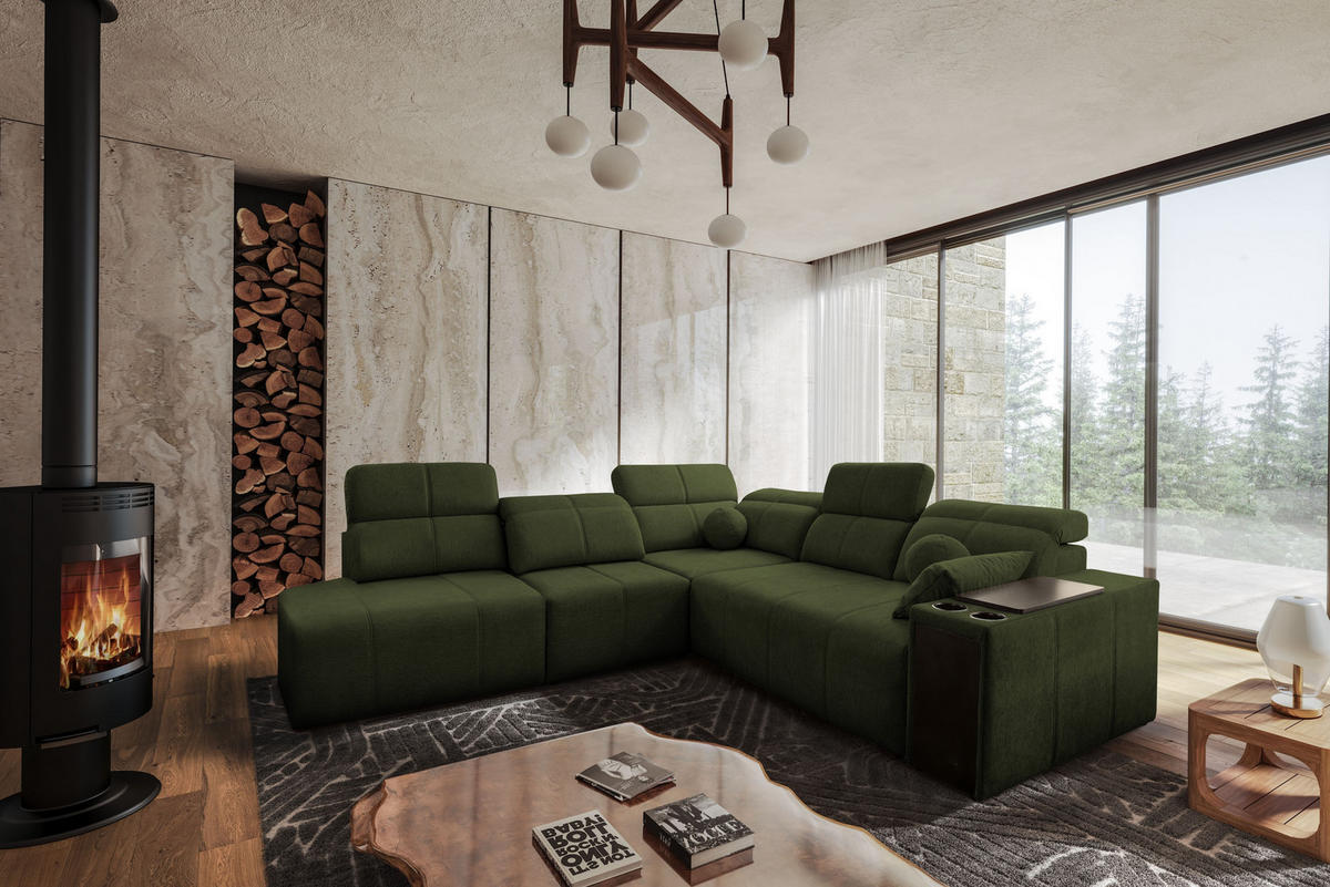 ECKSOFA Mindy IX Mit Schlaffunktion, Verstellbarer Rückenlehne Stoff Verita Dunkelgrün Links - Dunkelgrün, Holz (288/300cm) - Kaiser Möbel