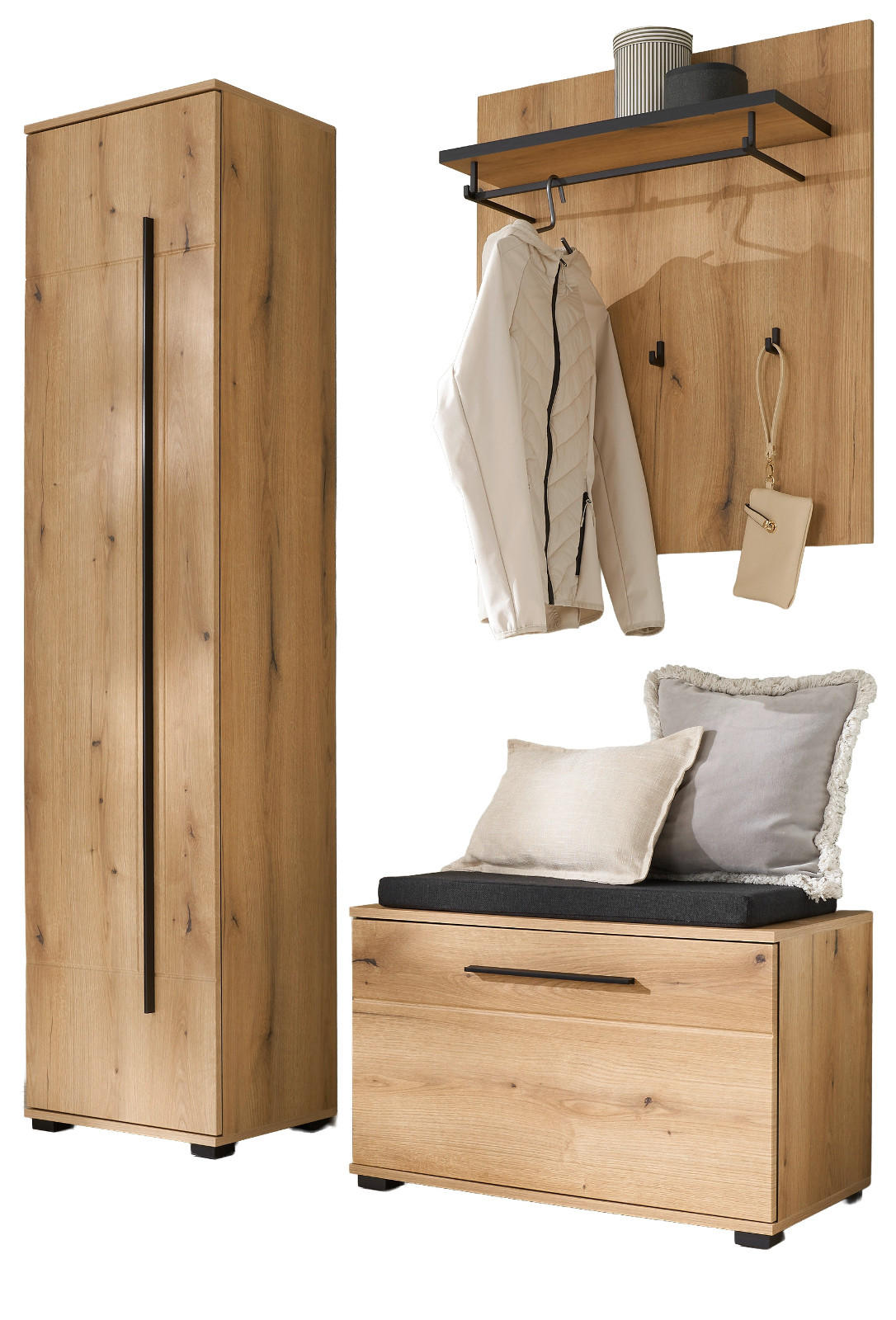 GARDEROBEN-SET Evoke Eiche 4-teilig 140 cm, Flurgarderobe mit Soft-Close - Eichefarben/Dunkelgrau, Holzwerkstoff/Kunststoff (140/200/40cm) - Furn.Design