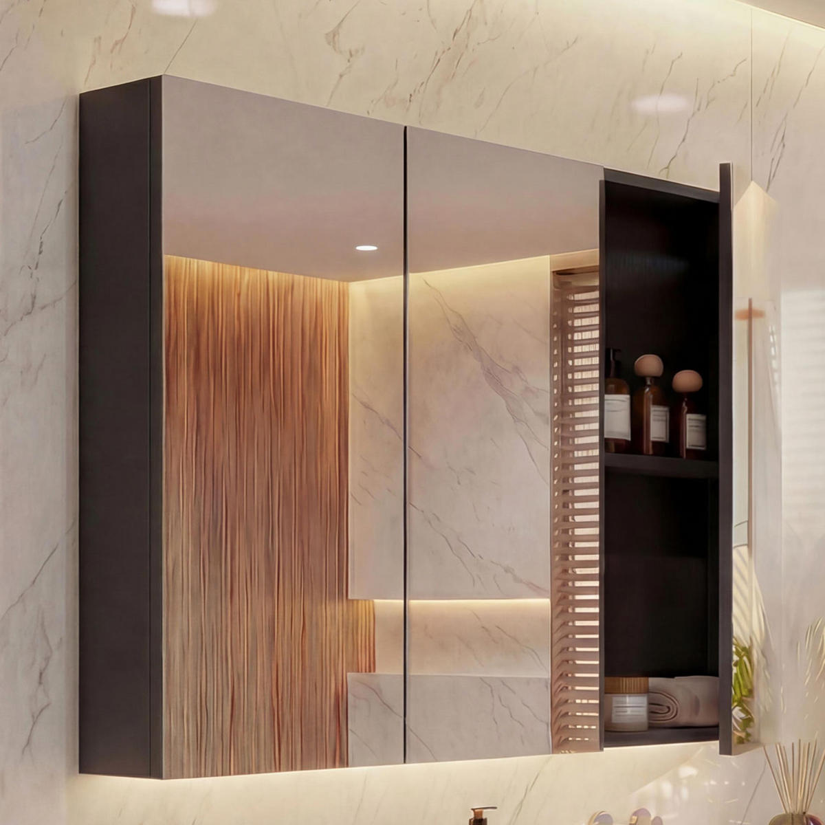 SPIEGELSCHRANK B19B Hochglanz Schwarz - Schwarz Hochglanz, Holz (80/70/16cm) - MCW