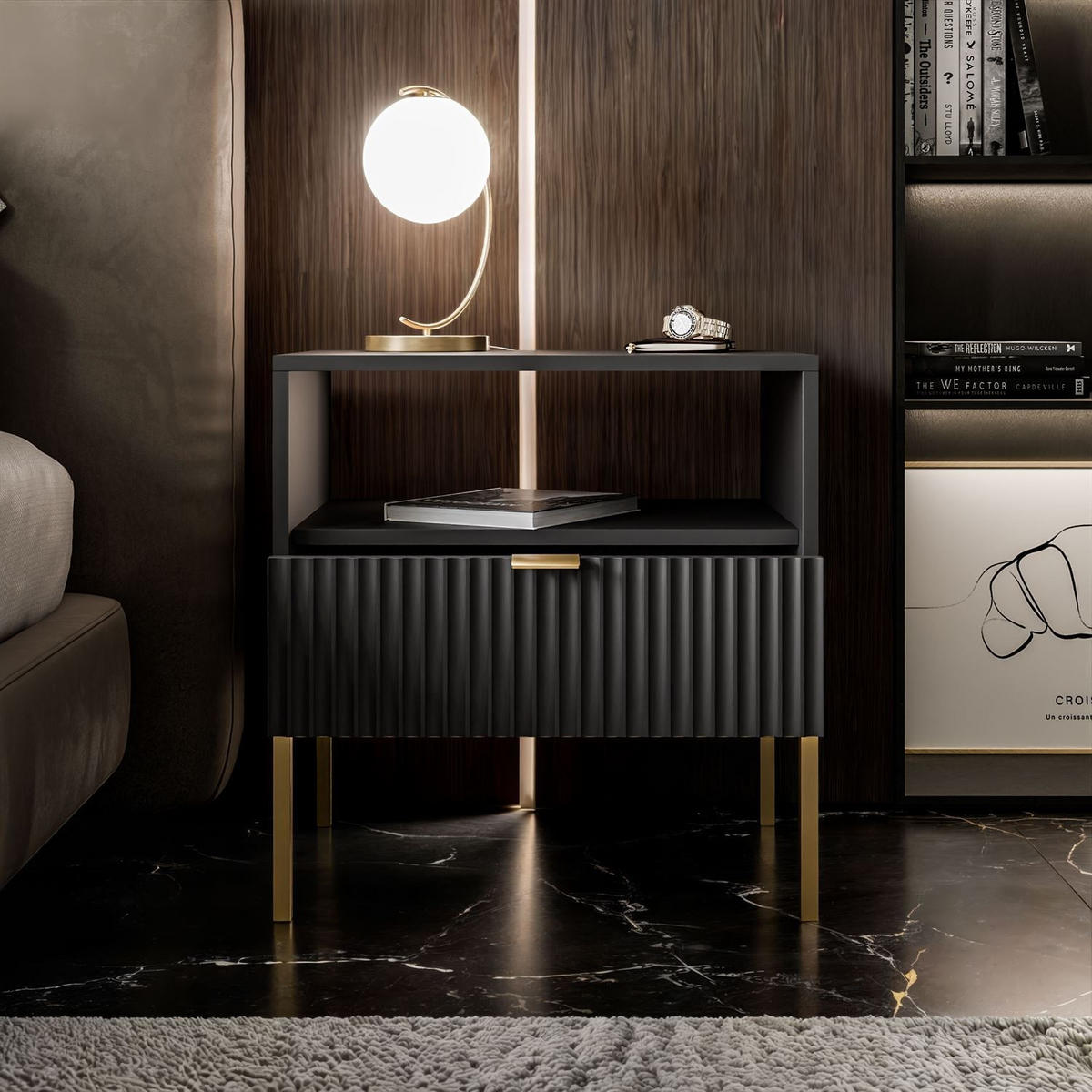 NACHTTISCH CORTADO GOLD S54 SCHWARZ - Schwarz, Holzwerkstoff (54/56/39cm) - Lookway