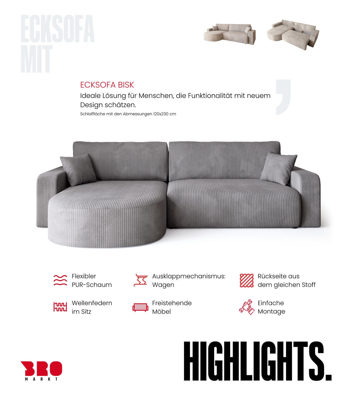 ECKSOFA Bisk mit Schlaffunktion Hellgrau Cordstoff - Hellgrau, Textil (275/170cm) - Bromarkt