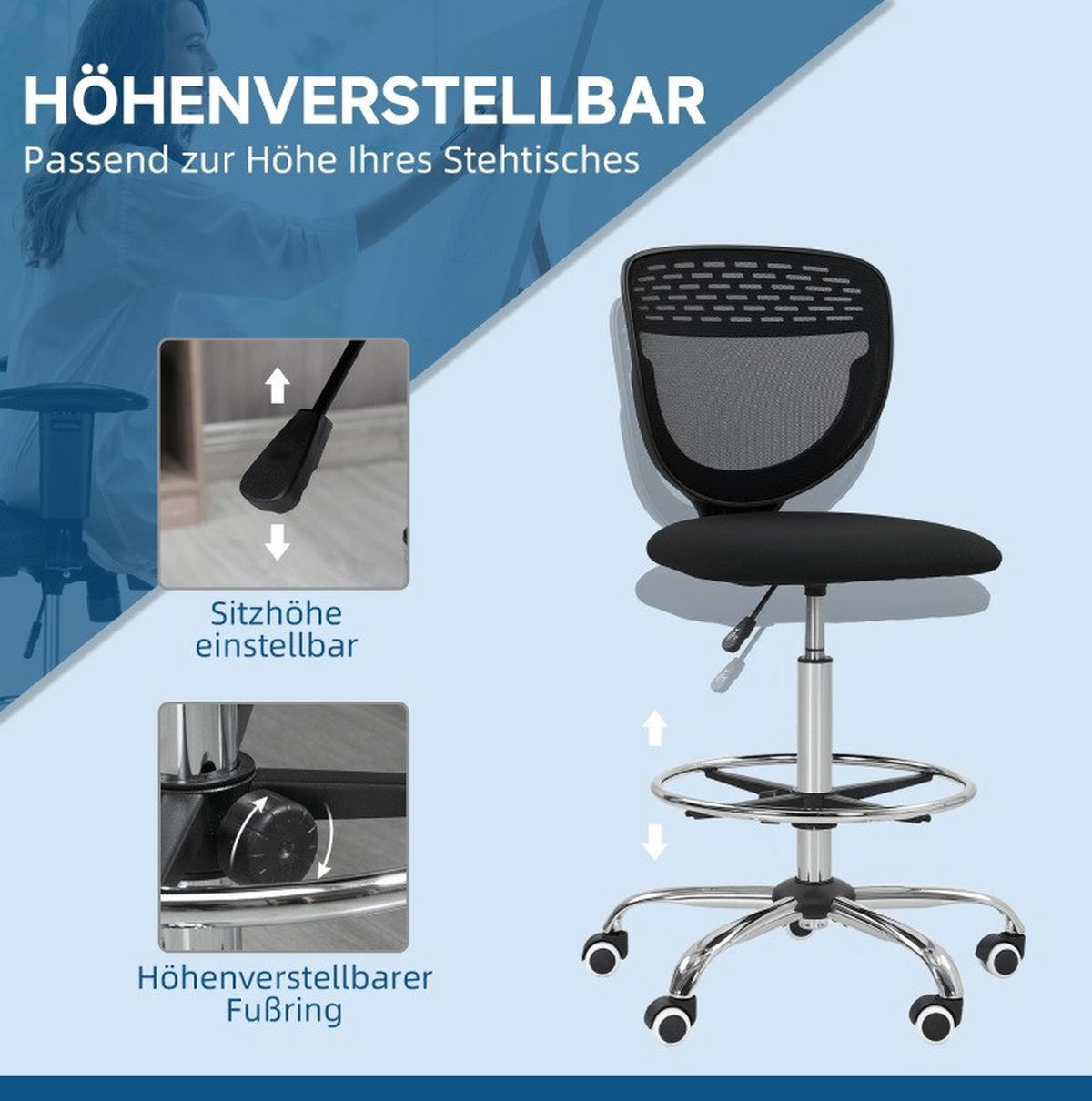 DREHSTUHL 59/59/106-126 cm schwarz aus Polyester höhenverstellbar - Schwarz, Kunststoff (59/126/59cm) - OKWISH