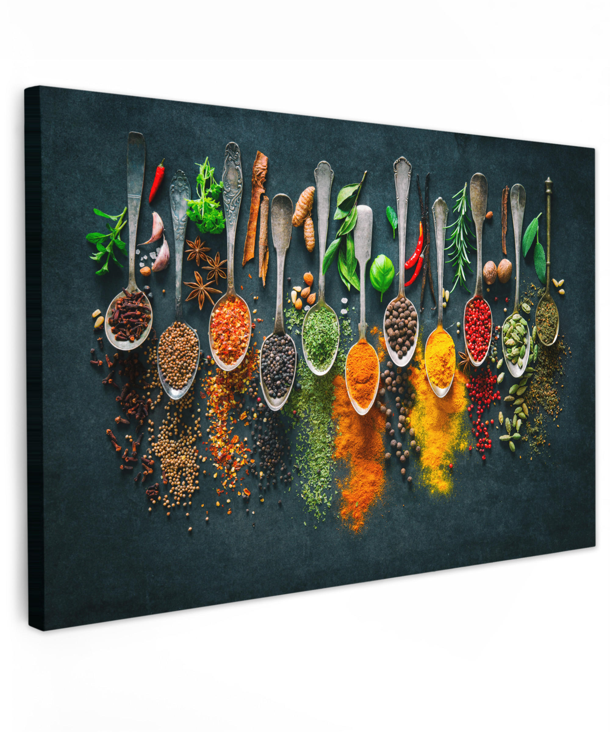 LEINWANDBILD Kräuter - Gewürze - Löffel XXL 150x100 cm - Currygelb, Textil (150/100cm) - MuchoWow