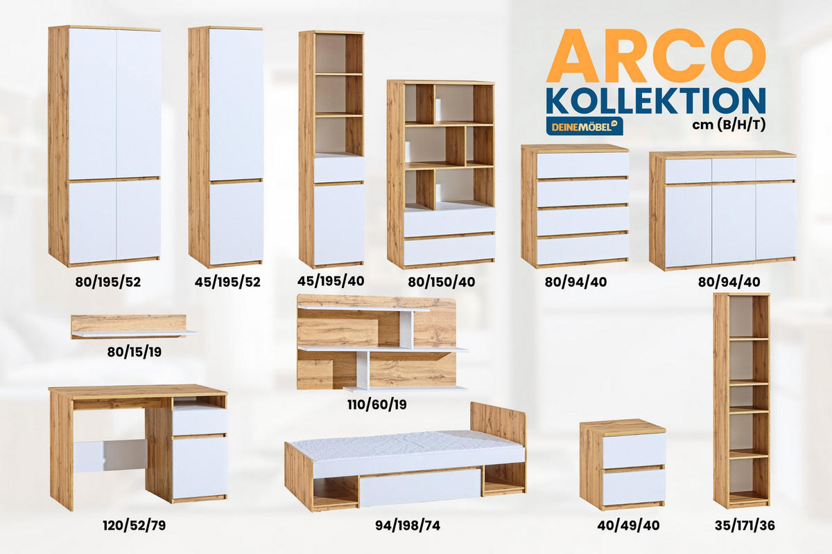 JUGNEDZIMME-SET ARCO B 5-teilig in Weiß Arctic Matt / Wotan Eiche - Eiche Wotan/Weiß, Holzwerkstoff (280/195/52cm) - Deine Möbel 24