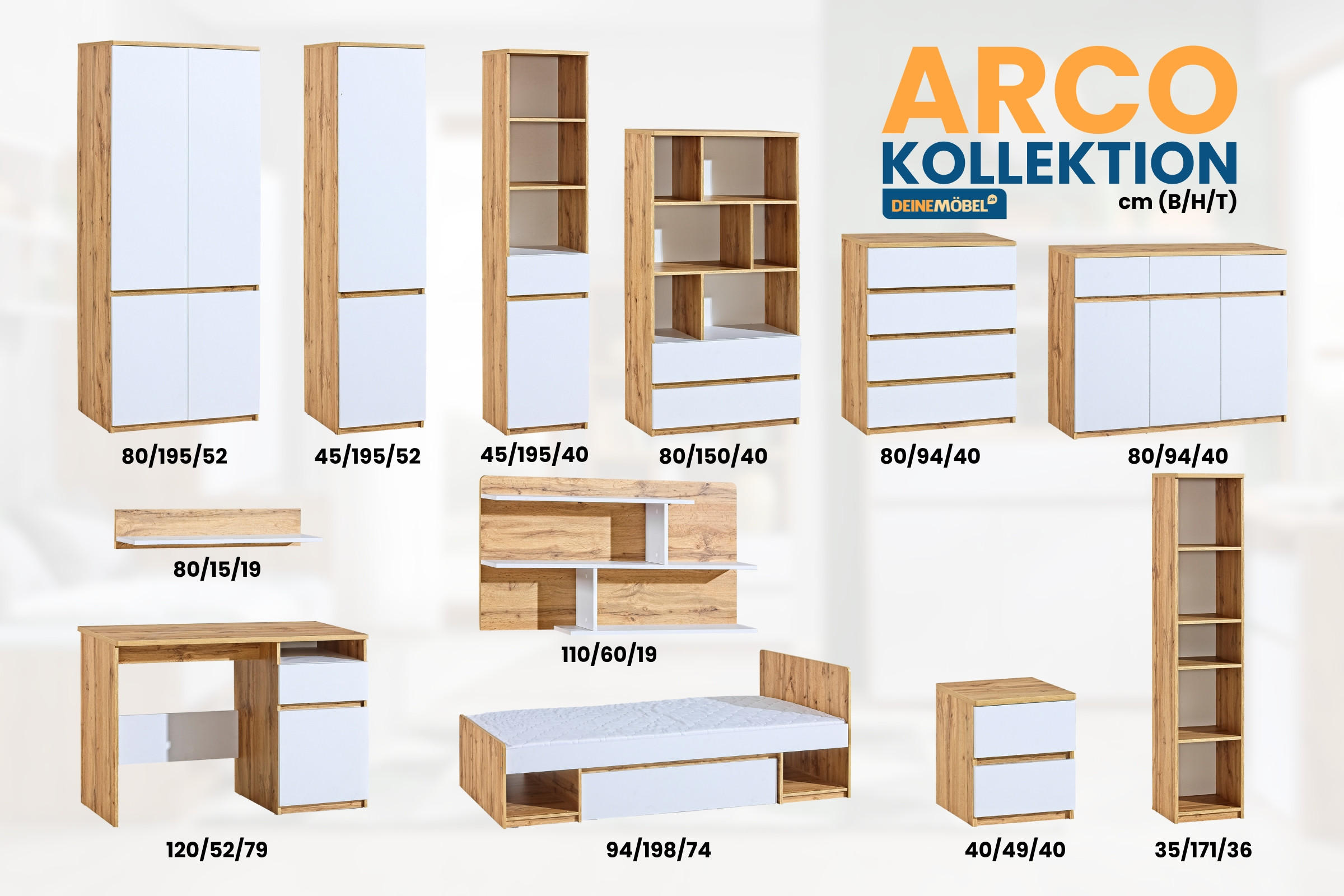Thumbnail - Deine Möbel 24 Jugnedzimme-Set, Weiß, Eiche Wotan, Holzwerkstoff, 280x195x52 cm, Kinder- & Jugendzimmer, Jugendmöbel, Ko...