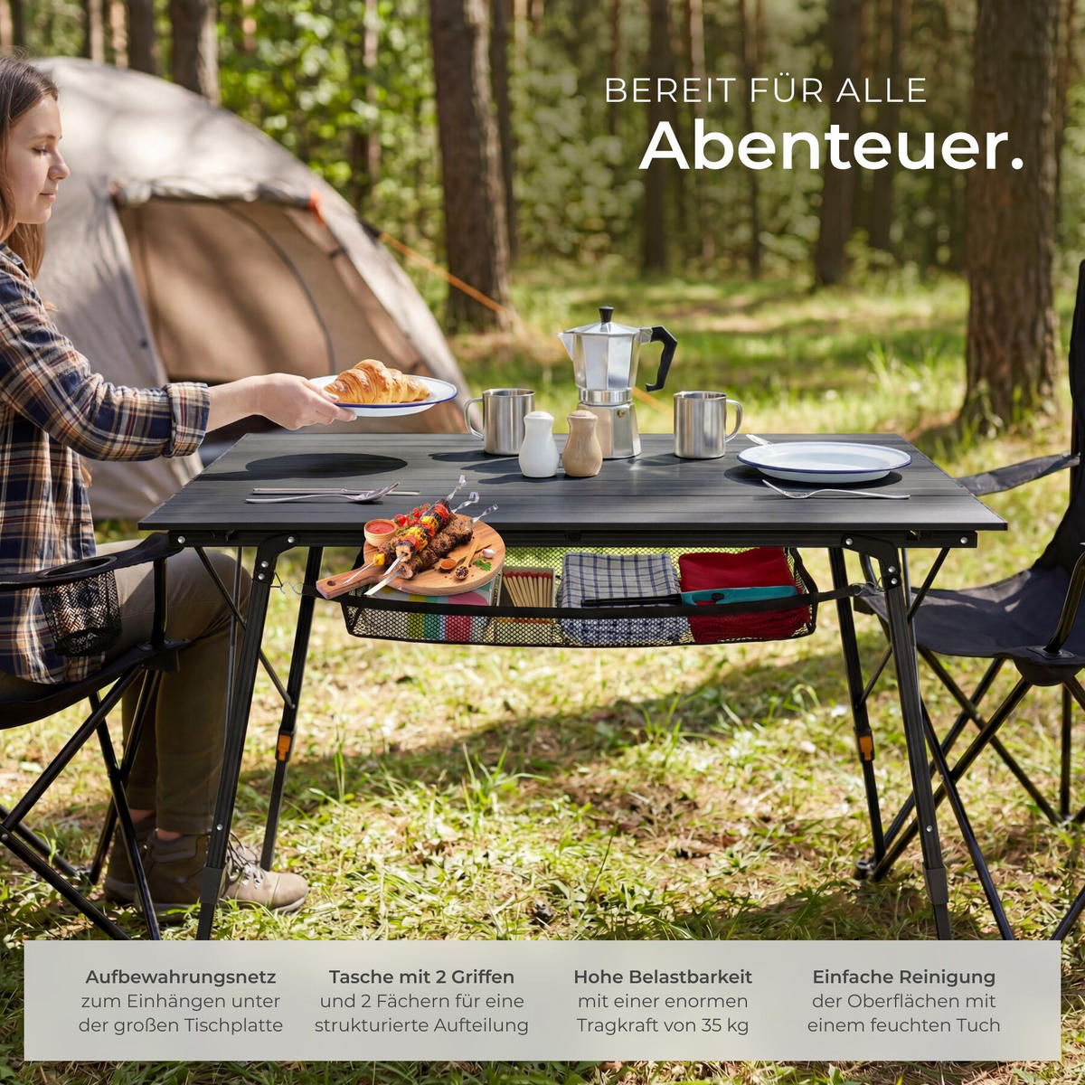 CAMPINGTISCH Tina,90 x 52 x 47 - 70 cm,schwarz - Schwarz, Metall (90/52/70cm) - tectake