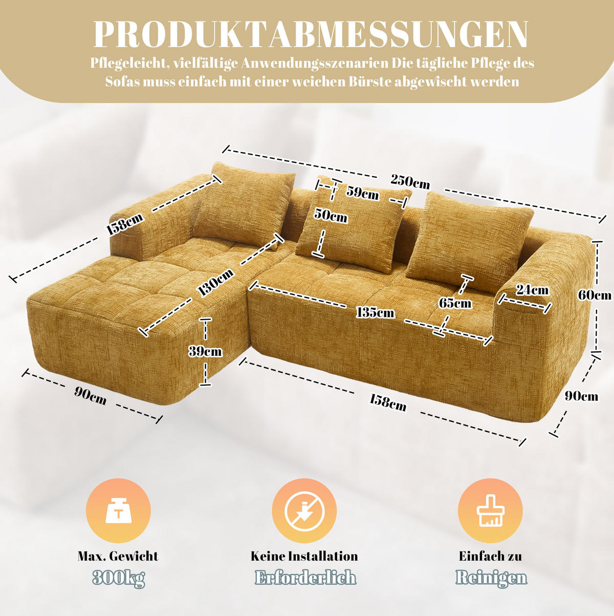 ECKSOFA 250/158/60 cm gelb aus Chenille mit Chaiselongue und Seitentaschen - Gelb, Textil (250/158cm) - OKWISH