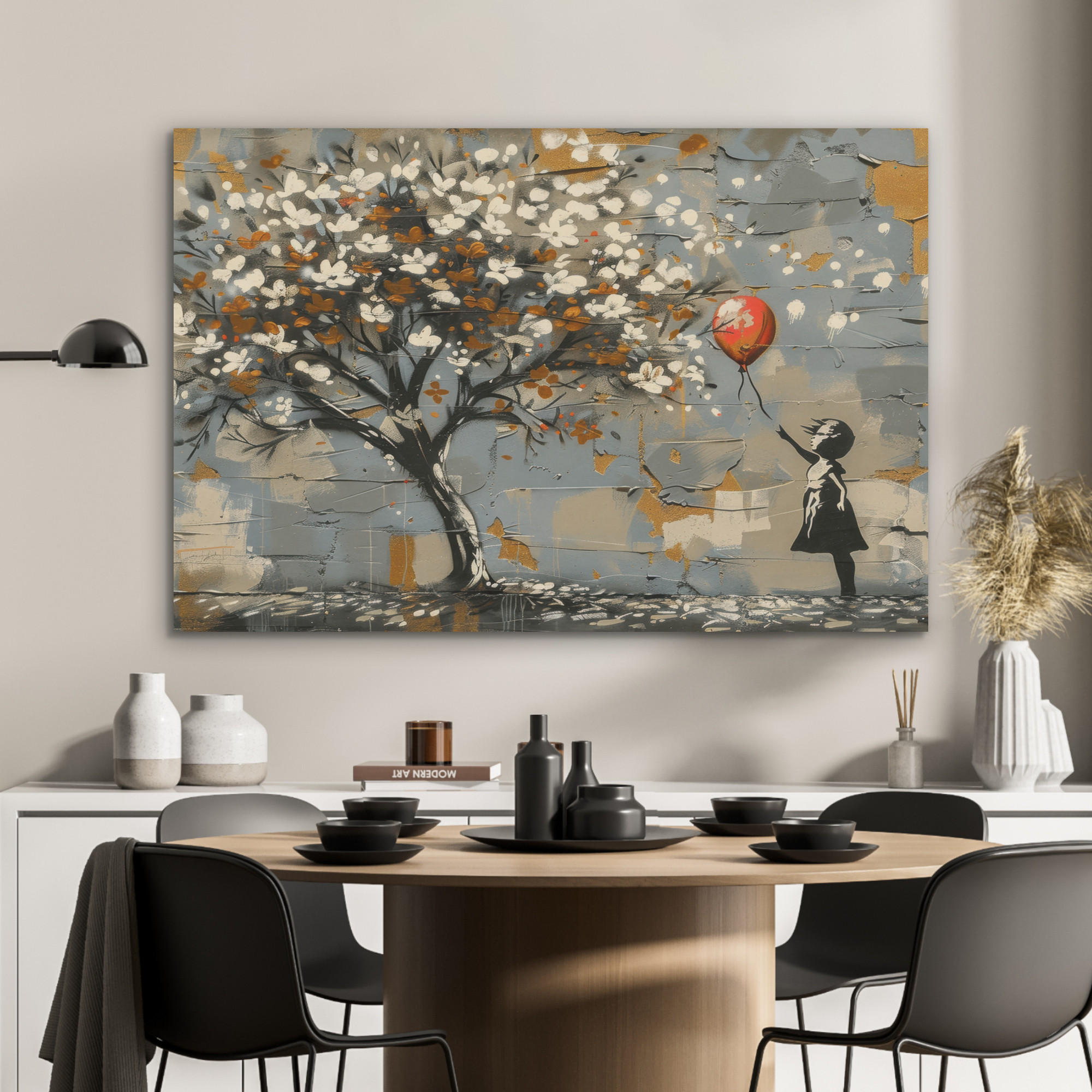 AKUSTIKPANEEL Baum - Graffiti - Banksy-Stil - Ballon-Mädchen 100x70 cm - Blaugrau, Textil (100/0.9/70cm) - MuchoWow