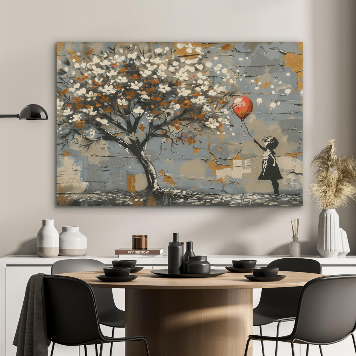 AKUSTIKPANEEL Baum - Graffiti - Banksy-Stil - Ballon-Mädchen 100x70 cm - Blaugrau, Textil (100/0.9/70cm) - MuchoWow