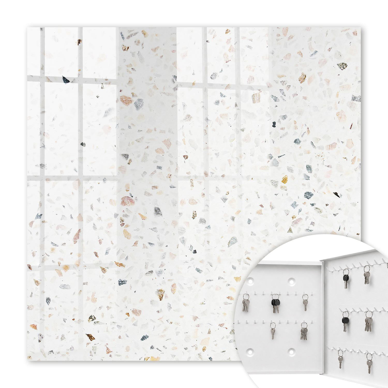 SCHLÜSSELBOX Weiß 30x30 cm – Türöffnung nach rechts - Heller Terrazzo - Weiß, Metall (30/30/5cm) - TULUP