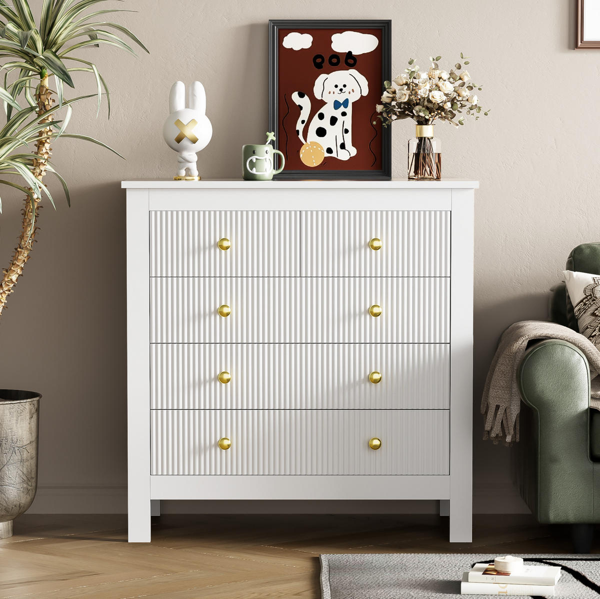 KOMODA 79/80,5/39,5 cm bijela od iverice s 5 ladica i zlatnim ručkama - bijela, drvni materijal (79/80.5/39.5cm) - OKWISH