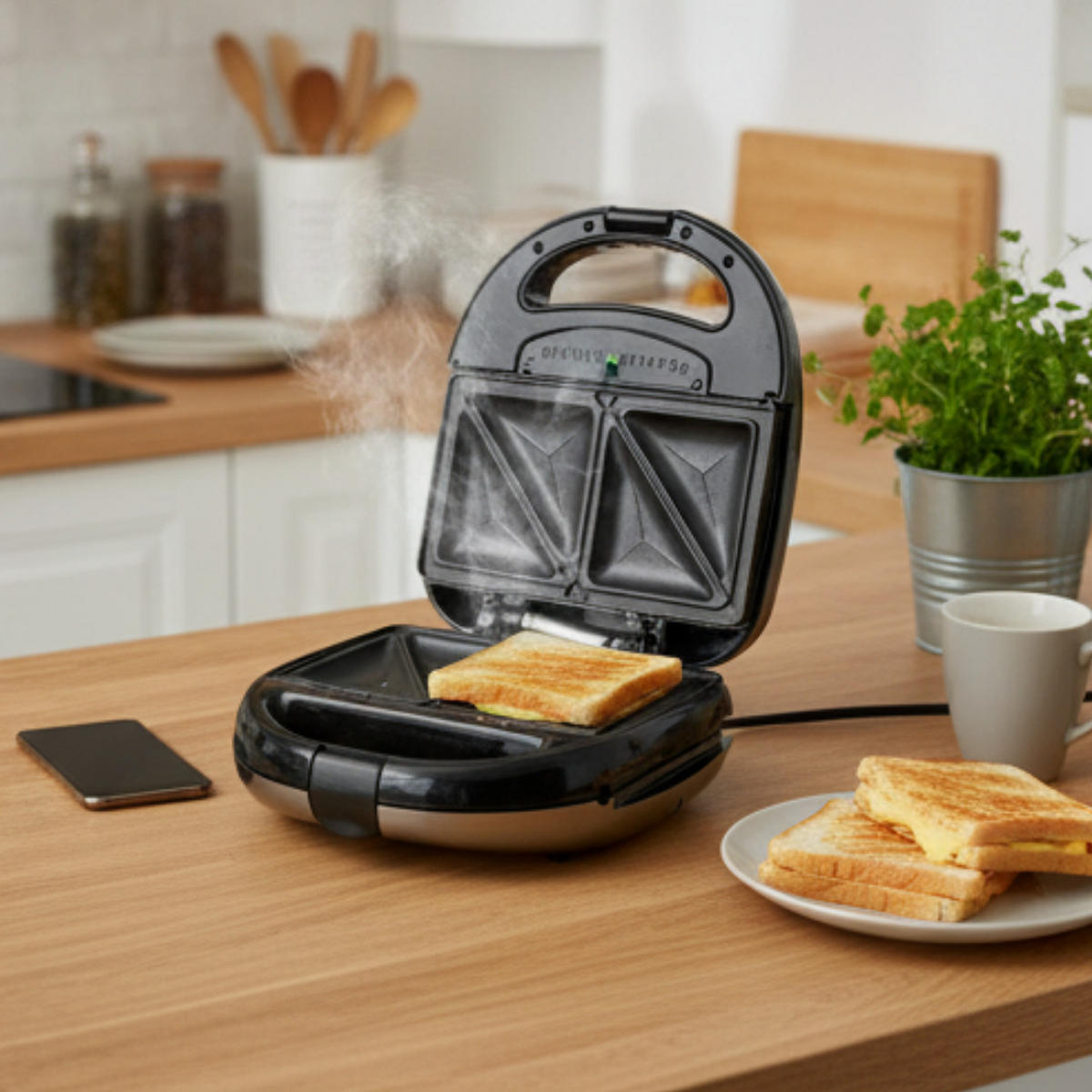 SANDWICHMAKER CR3042 5in1 Waffeleisen Kontaktgrill Toaster 1200 W Schwarz Silber - Silberfarben/Schwarz, Kunststoff/Metall (28/17.5/27.5cm) - camry