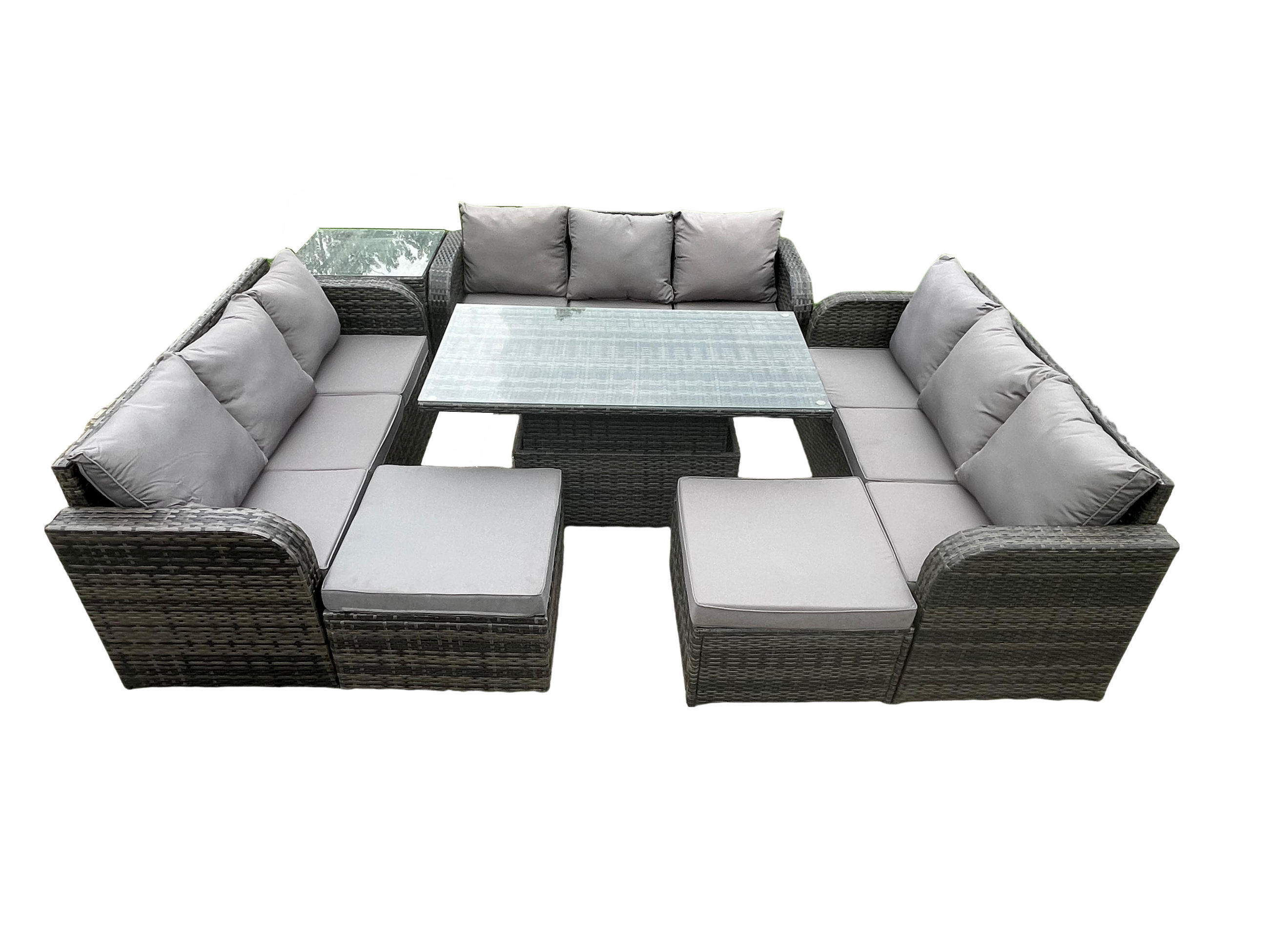 GARTENSOFA Hohe Rückenlehne Polyrattan 11-Sitzer - Dunkelgrau/Grau, Glas/Kunststoff - Fimous